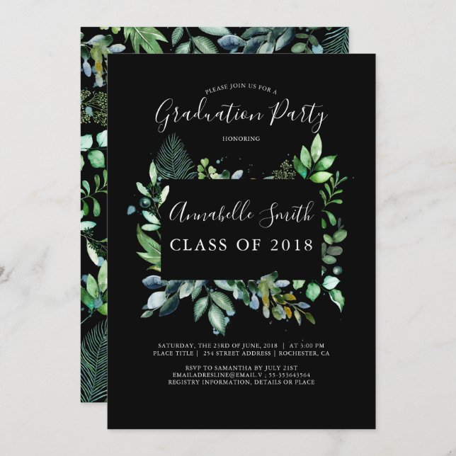 Greenery | Woodland | Watercolor Graduation Party Invitation (Front/Back)