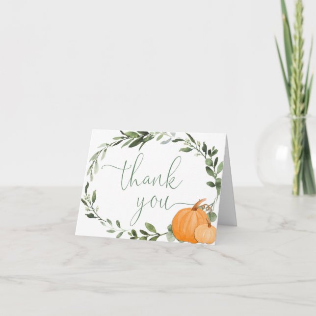 Greenery wreath and pumpkins fall thank you card (Front)