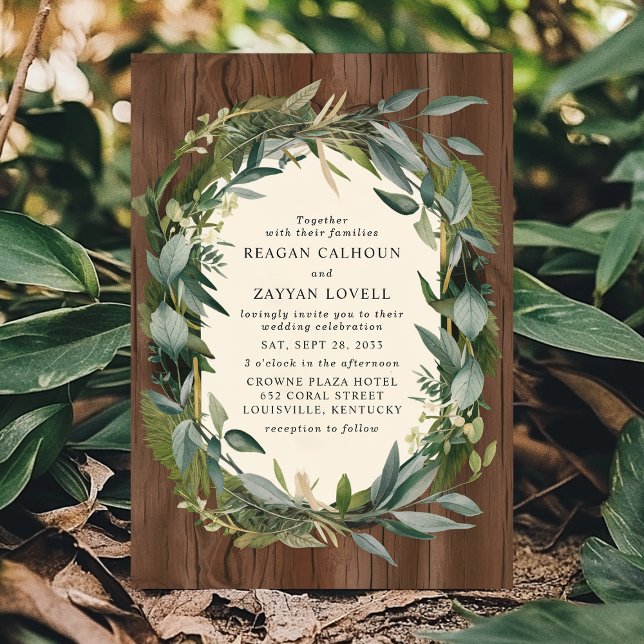 Greenery Wreath and Wood Rustic Nature Wedding Invitation (Creator Uploaded)