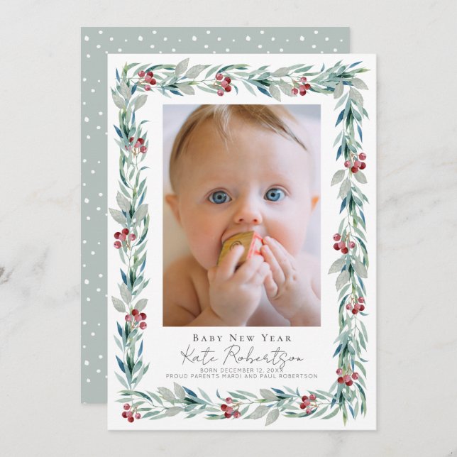 Greenery Wreath Baby New Year Photo Holiday Card (Front/Back)