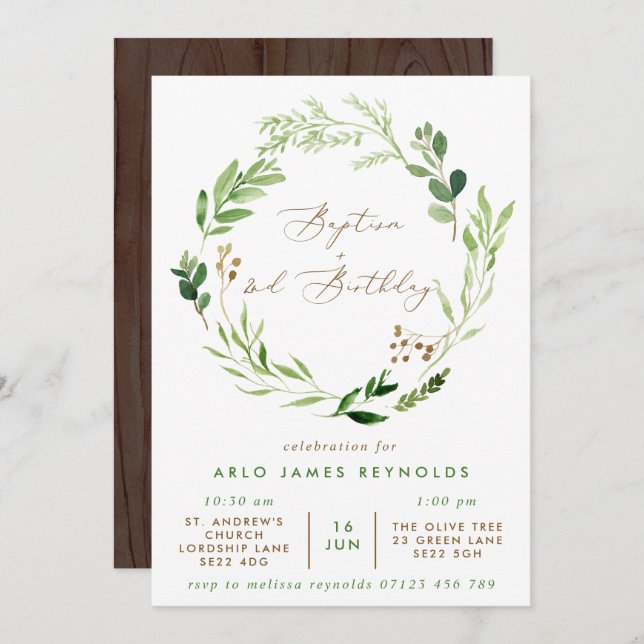 Greenery Wreath Baptism & 2nd Birthday  Invitation (Front/Back)