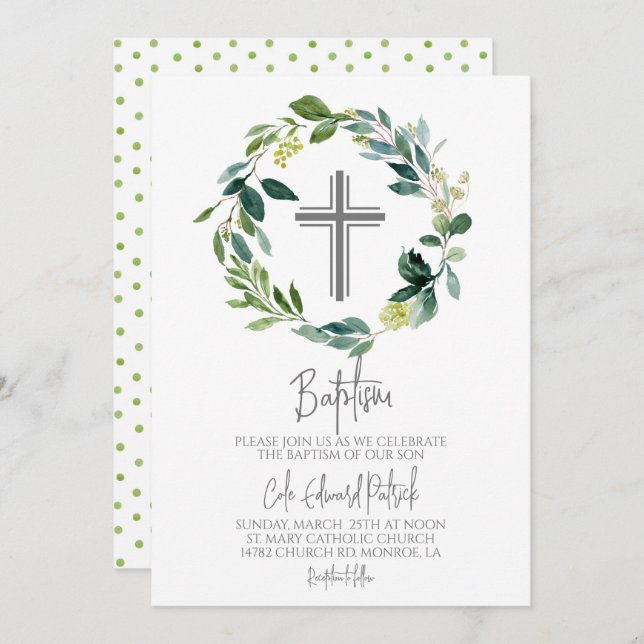 Greenery Wreath Baptism Invitation (Front/Back)