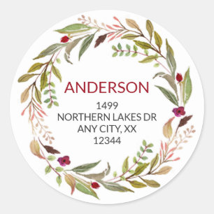 Greenery Wreath + Burgundy floral return address Classic Round Sticker