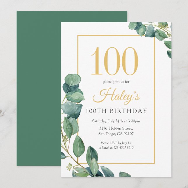 Greenery Wreath Chic Gold & Sage 100TH Birthday Invitation (Front/Back)