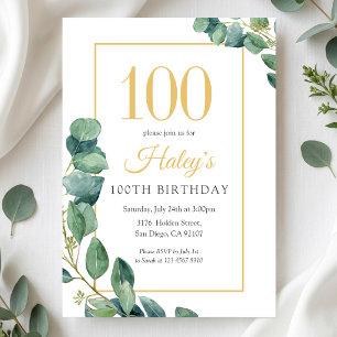 Greenery Wreath Chic Gold & Sage 100TH Birthday Invitation