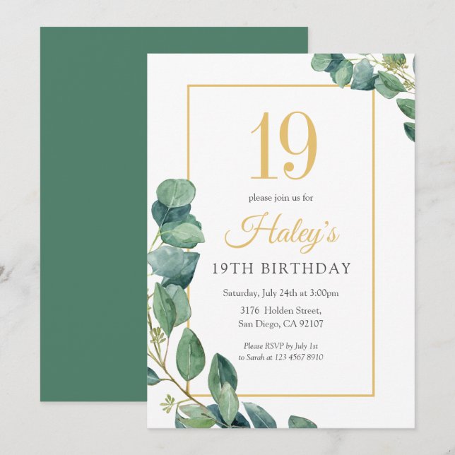 Greenery Wreath Chic Gold & Sage 19th Birthday Invitation (Front/Back)