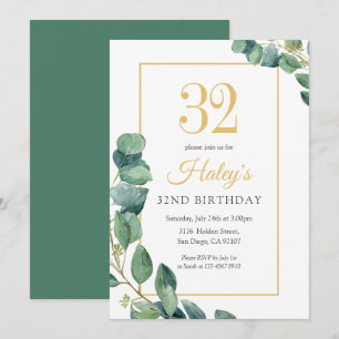Greenery Wreath Chic Gold & Sage 32ND Birthday Invitation