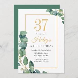 Greenery Wreath Chic Gold & Sage 37TH Birthday Invitation