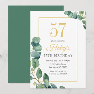 Greenery Wreath Chic Gold & Sage 57TH Birthday Invitation