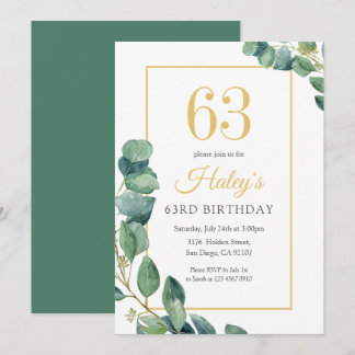 Greenery Wreath Chic Gold & Sage 63RD Birthday Invitation