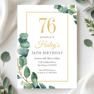 Greenery Wreath Chic Gold & Sage 76TH Birthday Invitation