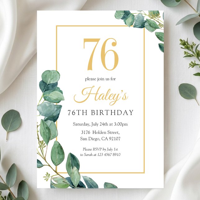 Greenery Wreath Chic Gold & Sage 76TH Birthday Invitation (Creator Uploaded)