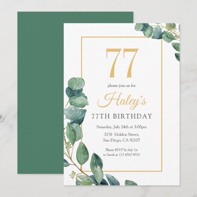 Greenery Wreath Chic Gold & Sage 77TH Birthday Invitation (Front/Back)
