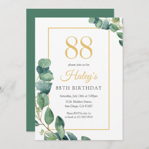 Greenery Wreath Chic Gold & Sage 88TH Birthday Invitation