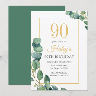 Greenery Wreath Chic Gold & Sage 90TH Birthday Invitation