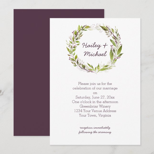 Greenery Wreath Dark Plum Purple Berries Wedding Invitation (Front/Back)