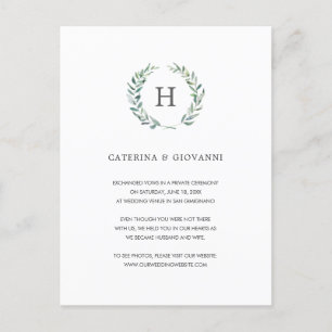Greenery Wreath Elegant Monogram Elopement Wedding Announcement Postcard