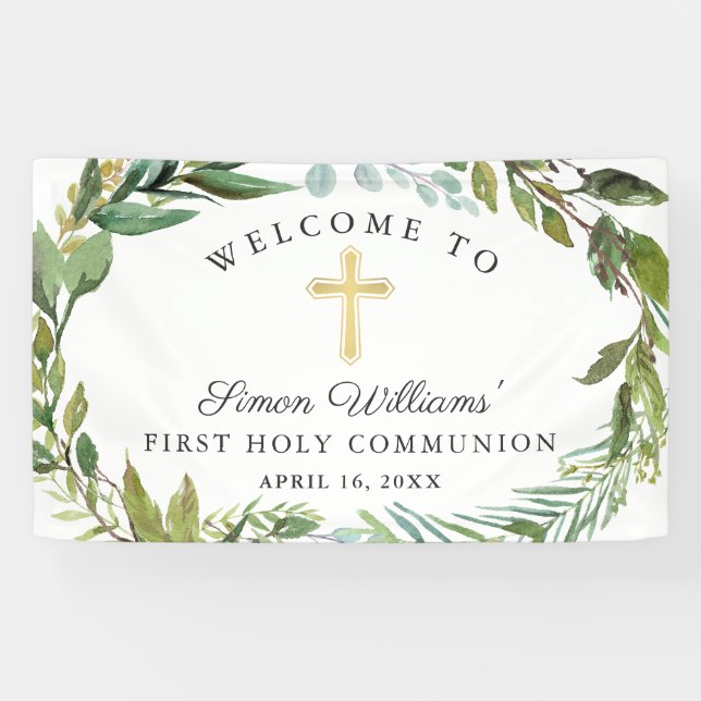Greenery Wreath First Holy Communion Welcome Banner (Horizontal)
