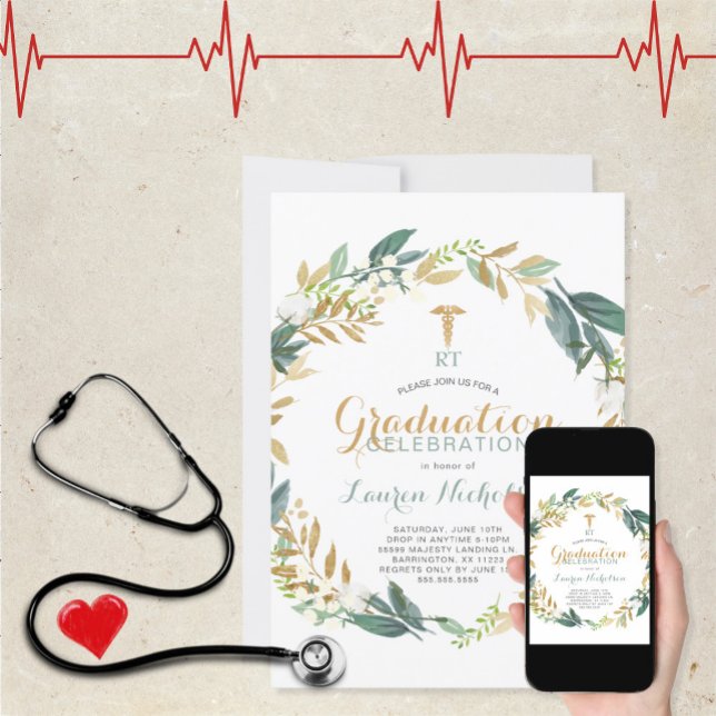 Greenery wreath + gold confetti medical graduation invitation (Creator Uploaded)
