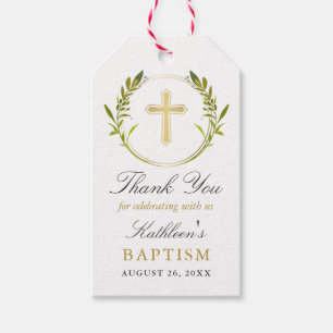 Greenery Wreath Gold Cross Girl Baptism Gift Tags