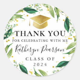 Greenery Wreath Gold Glitter Graduation Thank You  Classic Round Sticker