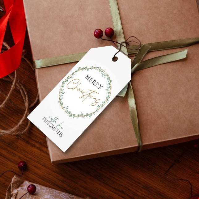 Greenery Wreath Gold Minimal Christmas Gift Tags (Creator Uploaded)
