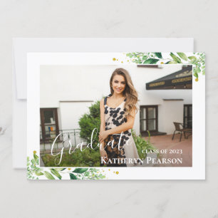 Greenery Wreath Gold Navy Blue 2 Photo Graduation Invitation