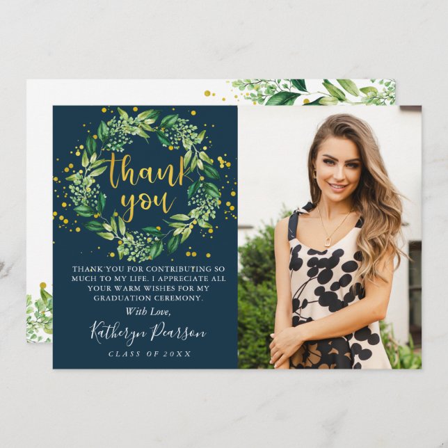 Greenery Wreath Gold Navy Blue Graduation Photo Th Thank You Card (Front/Back)