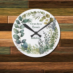 Greenery Wreath Grandma's Kitchen Personalised Round Clock