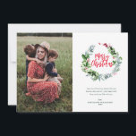 greenery wreath merry christmas card<br><div class="desc">Happy Holidays. Celebrate this holiday season with our personalised modern photo greeting card with lovely red script design</div>