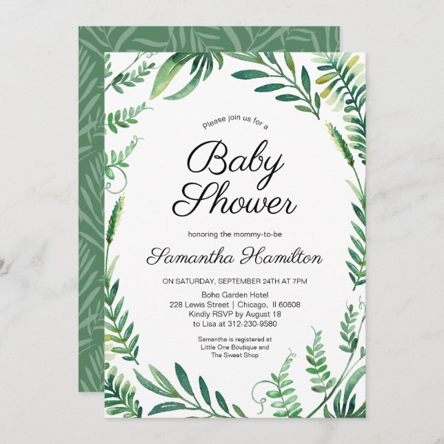 Greenery Wreath Modern Botanical Baby Shower Invitation (Front/Back)