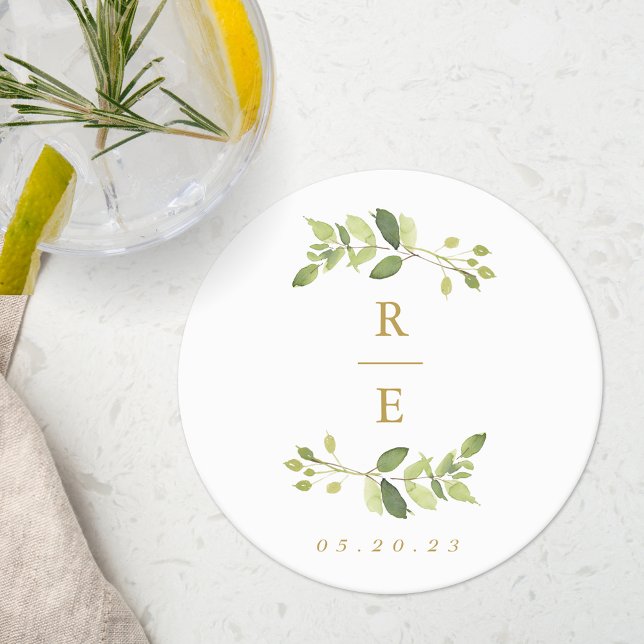 Greenery Wreath Monogram Wedding Rehearsal Dinner Round Paper Coaster (Creator Uploaded)