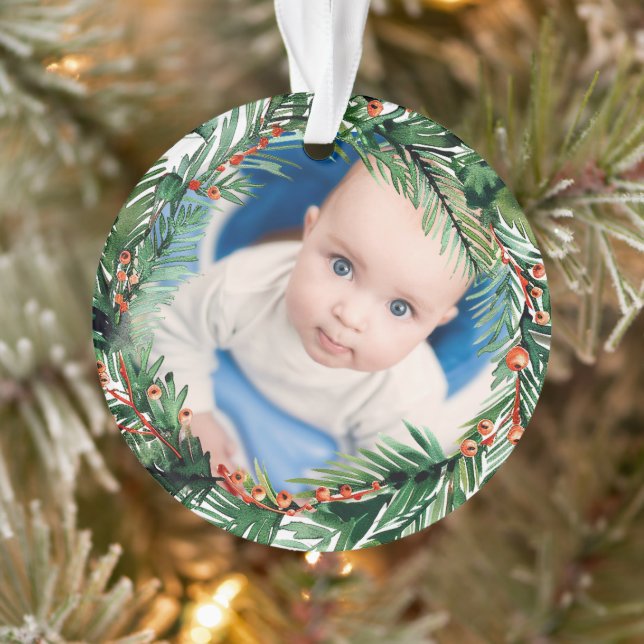 Greenery Wreath My First Christmas Baby Photo Ornament (Tree)