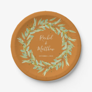 Greenery Wreath on Ochre Wedding Paper Plate