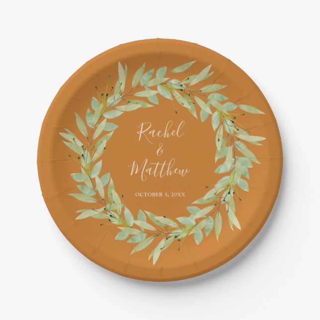 Greenery Wreath on Ochre Wedding Paper Plate (Front)