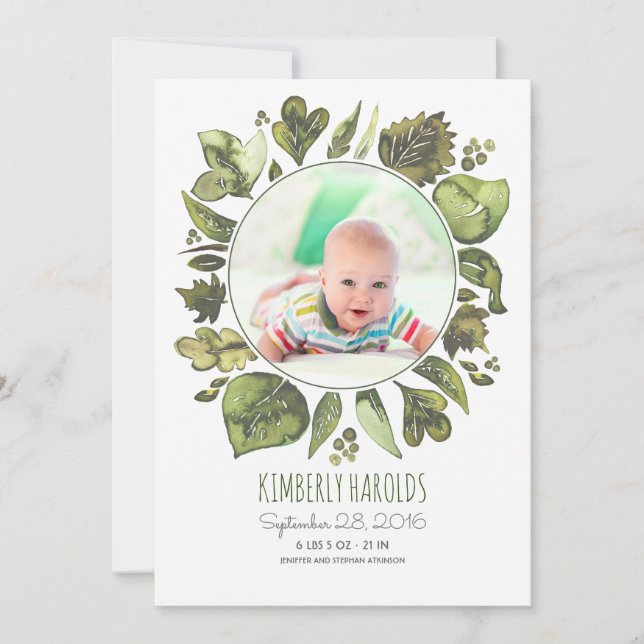 Greenery Wreath Painted Newborn Baby Photo Birth Announcement (Front)