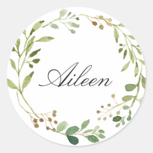 Greenery Wreath personalise name Classic Round Sticker