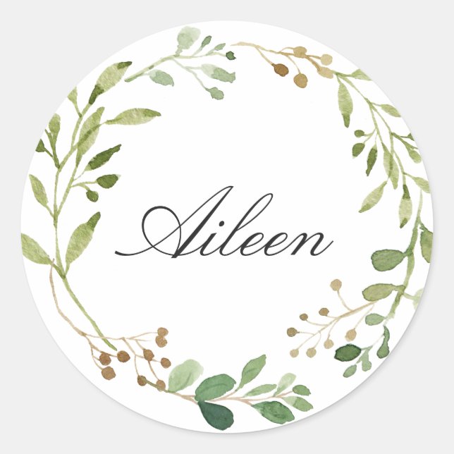 Greenery Wreath personalise name Classic Round Sticker (Front)