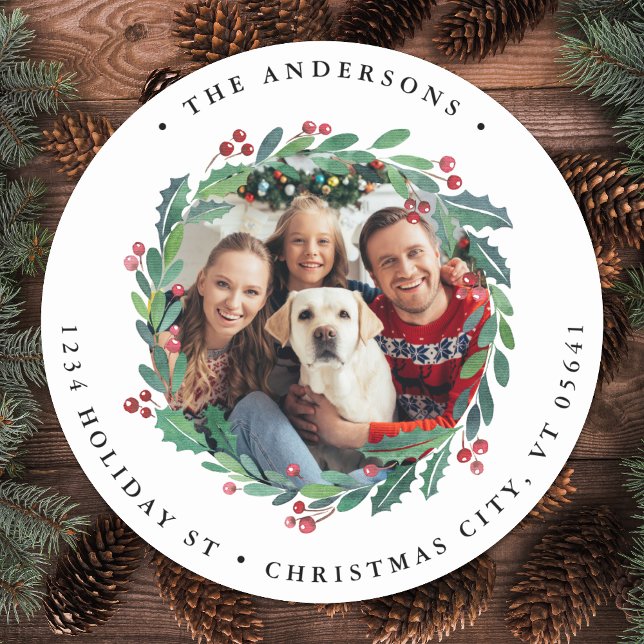 Greenery Wreath Photo Holiday Return Address  Classic Round Sticker (Creator Uploaded)