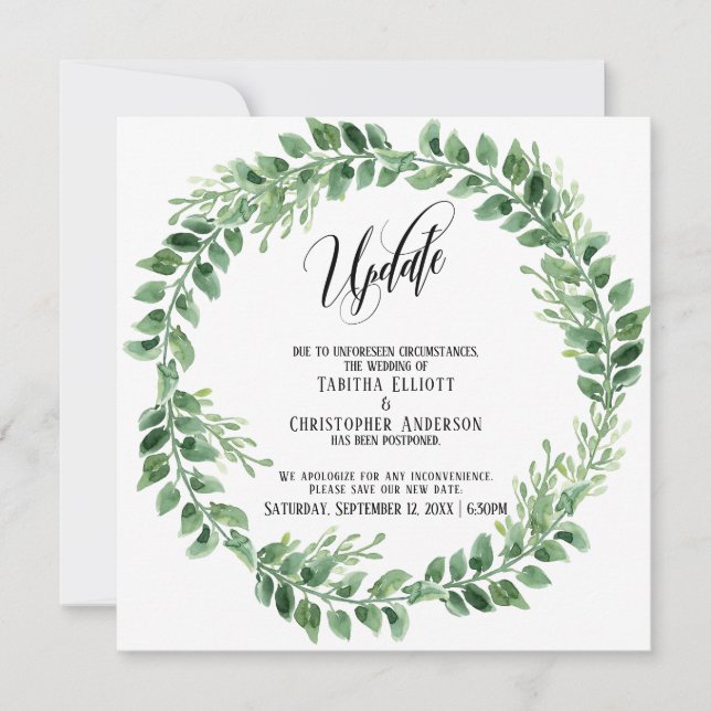Greenery Wreath Postponed Wedding Update Card (Front)