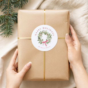 Greenery Wreath & Red Bow Holiday Classic Round Sticker