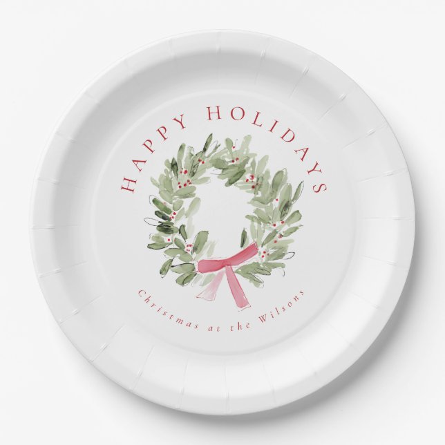 Greenery Wreath & Red Bow Holiday Paper Plate (Front)