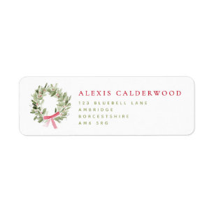 Greenery Wreath & Red Bow Holiday Return Address