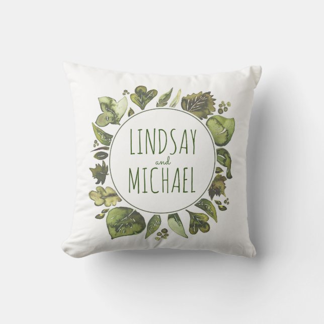 Greenery Wreath Rustic Woodland Watercolor Couple Cushion (Front)