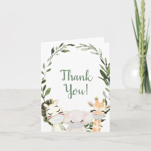 Greenery wreath safari animals masks baby shower thank you card (Front)
