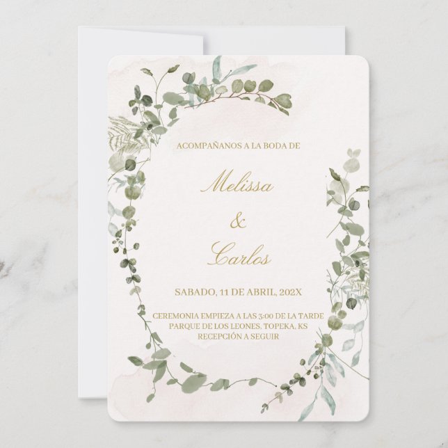 Greenery wreath Spanish Wedding Invitation (Front)