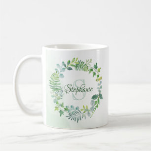 Greenery Wreath Watercolor Monogram Name Coffee Mug