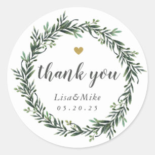 Greenery Wreath Wedding Thank You Classic Round Sticker