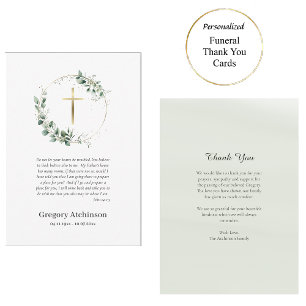 Greenery Wreath with Gold Cross Catholic Funeral   Thank You Card