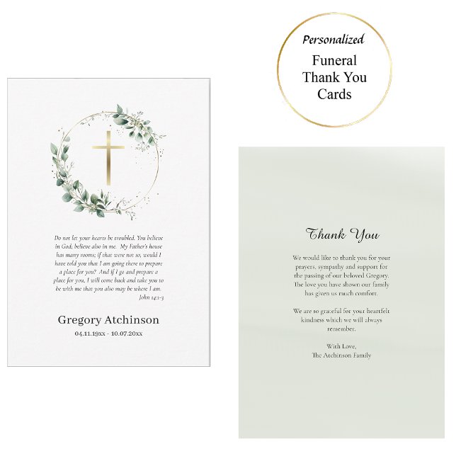 Greenery Wreath with Gold Cross Catholic Funeral   Thank You Card (Creator Uploaded)